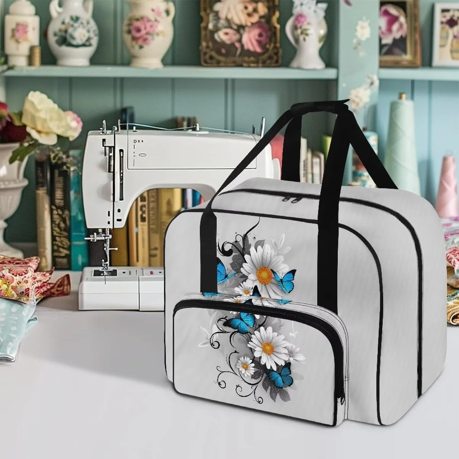Blue Butterfly and Daisy Portable Sewing Machine Handbag Universal Tote Travel Bag Compatible with Most Standard Machines Stain Resistan and Scratch Resistan