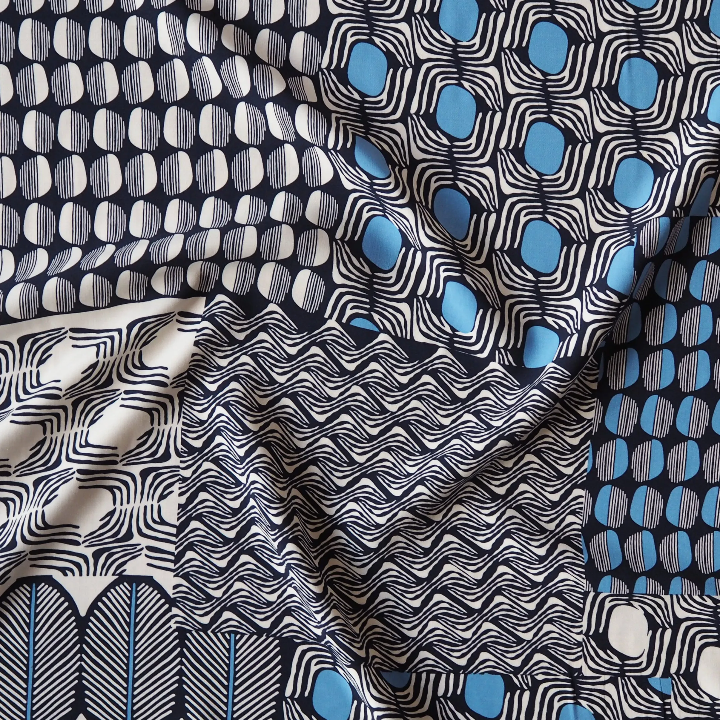 Blue Graphic Patchwork Viscose Poplin Fabric