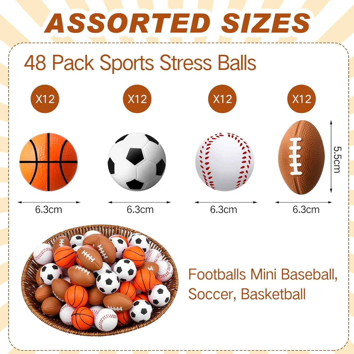 Blulu 48 Pack Sports Stress Balls for Kids Mini Footballs Mini Baseball, Soccer, Basketball, Foam Stress Balls for Anxiety Relief Sport Class Prize and Outdoor Game (2.5 Inch)
