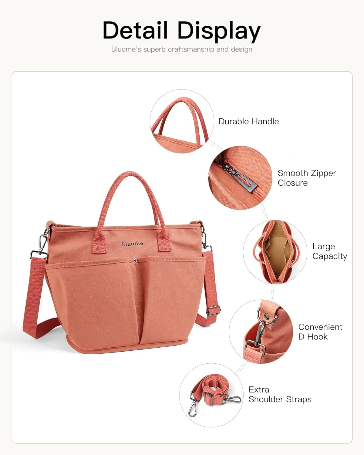 Bluome Tote Bag for Women Canvas Tote Bag With Zipper College Gym Tote Medium Travel Work Bags Hobo Handbag Crossbody