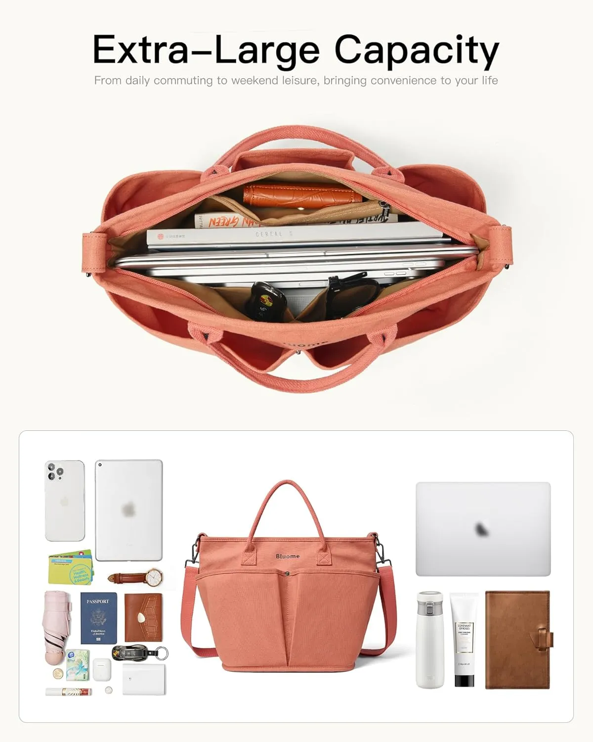 Bluome Tote Bag for Women Canvas Tote Bag With Zipper College Gym Tote Medium Travel Work Bags Hobo Handbag Crossbody