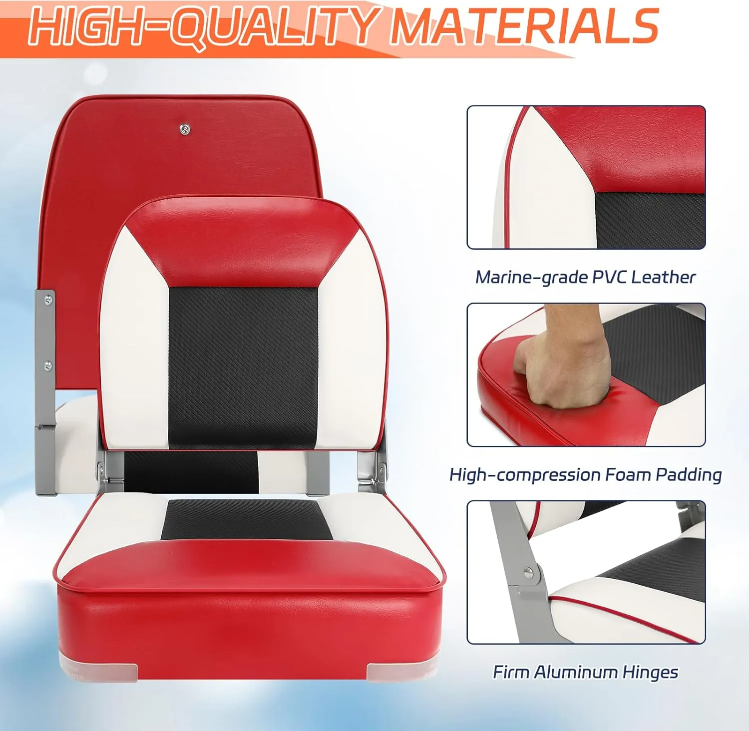 Boat Seats 2 Pack, Skureay Low/High Back Fishing Folding Boat Seat Waterproof Captain Boat Chair，Boatseat 2 Pack Suitable for Jon/Pontoon/Canoe/Bass Tracker Boat seats-UNIQUE Color Design (Red/White)