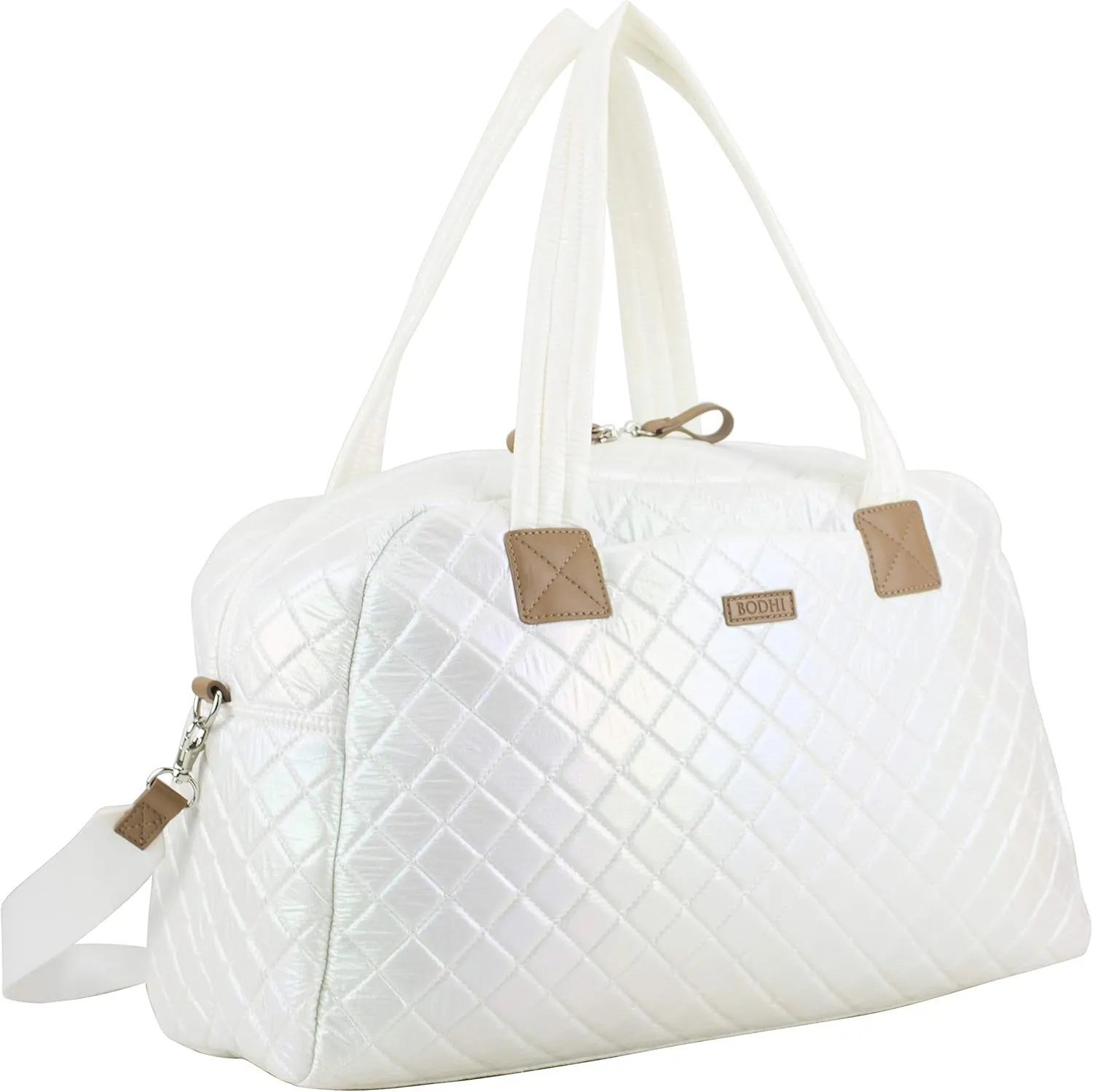 BODHI Quilted Luxe Travel Weekender Purse Shoulder Bag with Trolley Sleeve and Detachable Crossbody Strap, White Iridescent