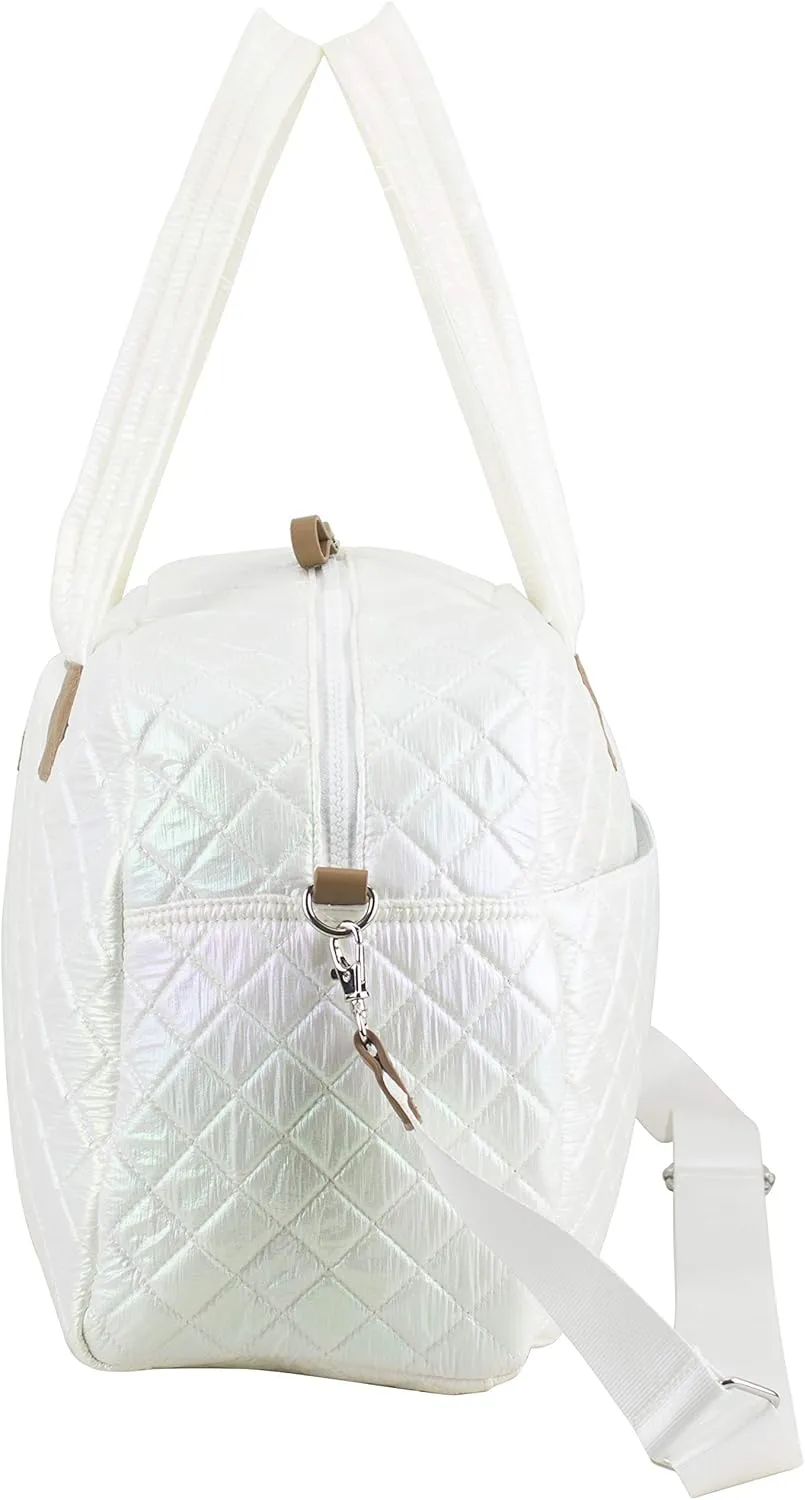 BODHI Quilted Luxe Travel Weekender Purse Shoulder Bag with Trolley Sleeve and Detachable Crossbody Strap, White Iridescent
