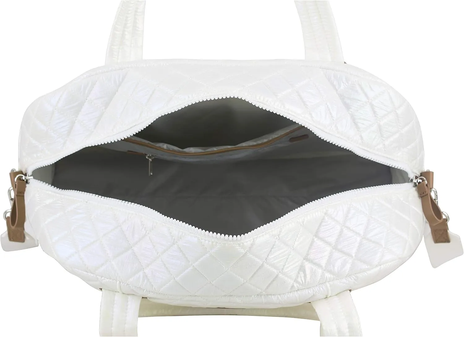 BODHI Quilted Luxe Travel Weekender Purse Shoulder Bag with Trolley Sleeve and Detachable Crossbody Strap, White Iridescent