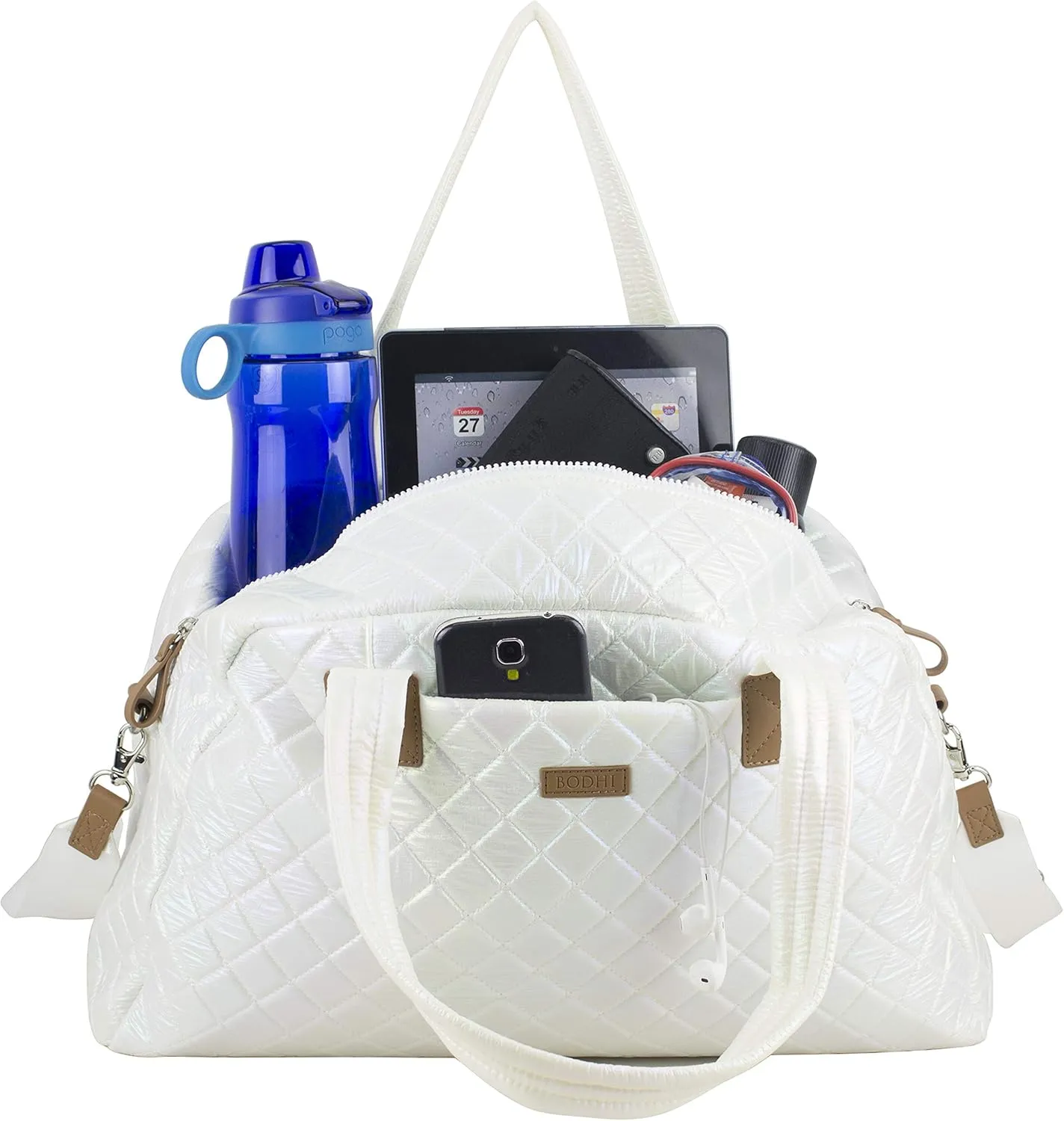 BODHI Quilted Luxe Travel Weekender Purse Shoulder Bag with Trolley Sleeve and Detachable Crossbody Strap, White Iridescent