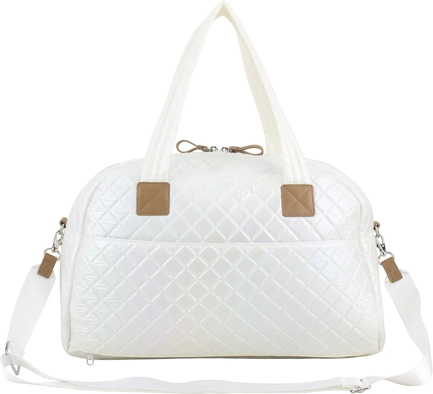 BODHI Quilted Luxe Travel Weekender Purse Shoulder Bag with Trolley Sleeve and Detachable Crossbody Strap, White Iridescent