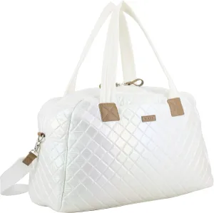 BODHI Quilted Luxe Travel Weekender Purse Shoulder Bag with Trolley Sleeve and Detachable Crossbody Strap, White Iridescent