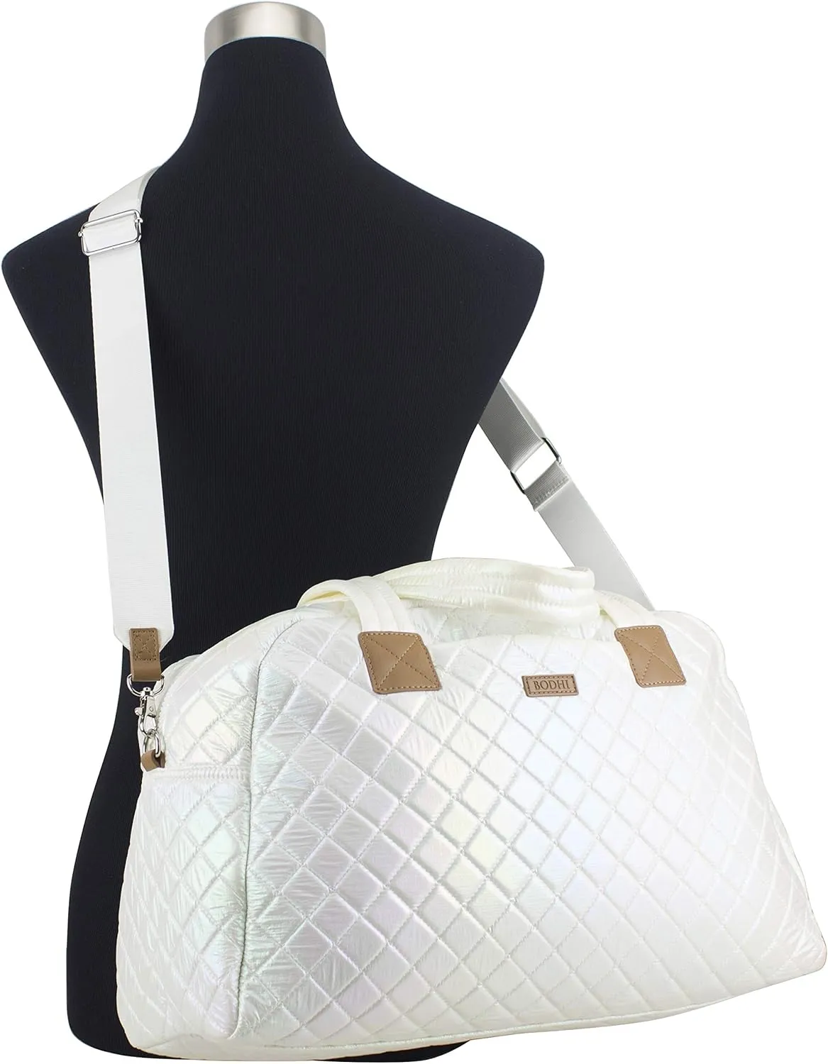BODHI Quilted Luxe Travel Weekender Purse Shoulder Bag with Trolley Sleeve and Detachable Crossbody Strap, White Iridescent