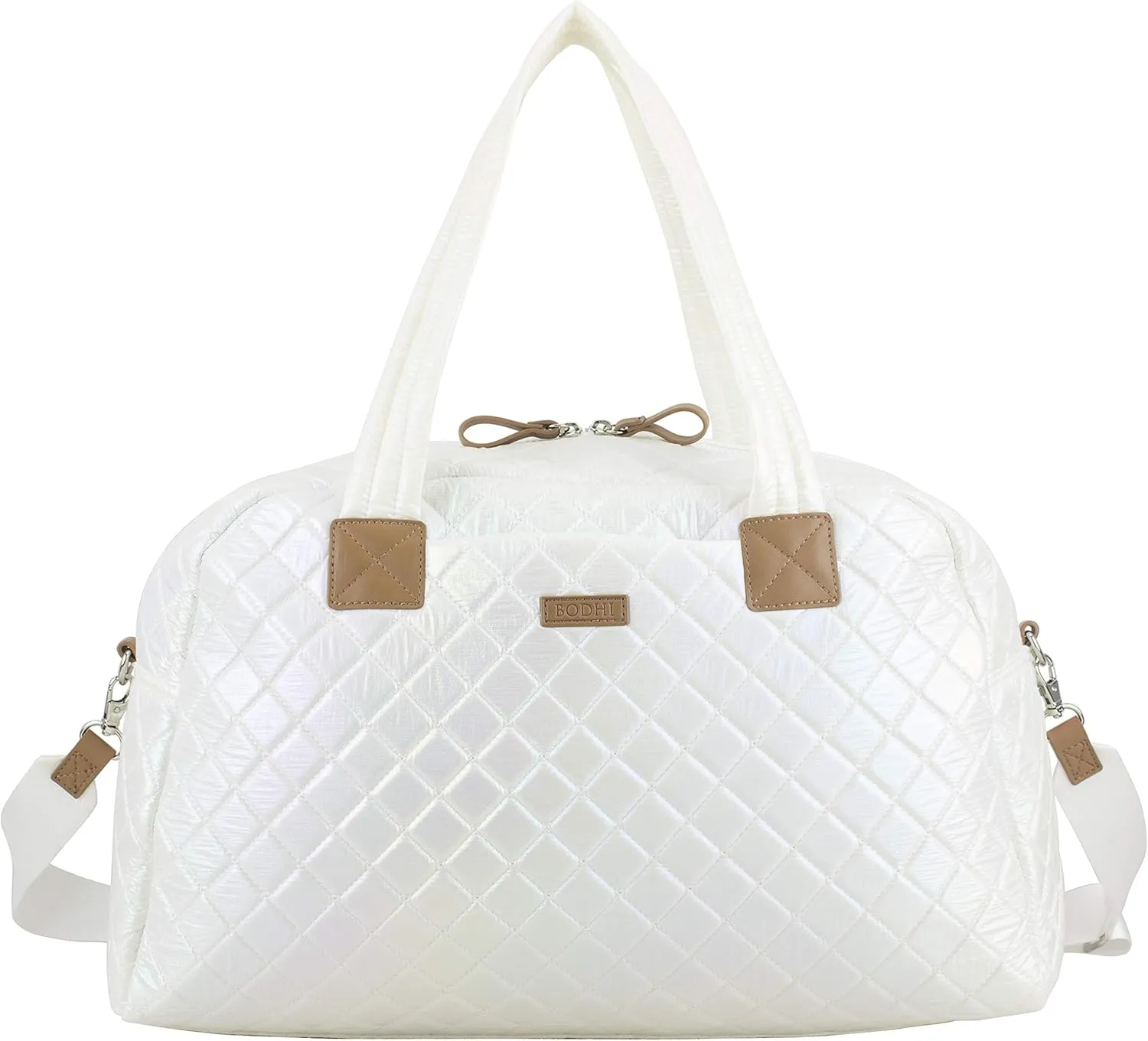 BODHI Quilted Luxe Travel Weekender Purse Shoulder Bag with Trolley Sleeve and Detachable Crossbody Strap, White Iridescent