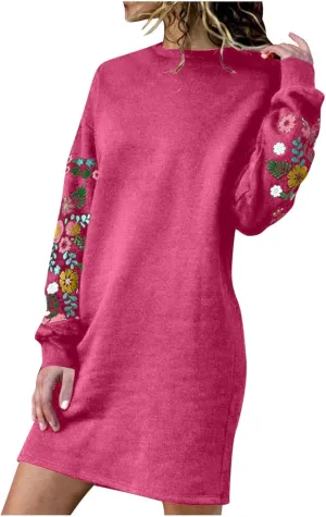 Boho Dresses for Women 2024 Long Sleeve Crewneck Aztec Ethnic Western Dress Causal Dressy Ethnic Print Mini Dresses