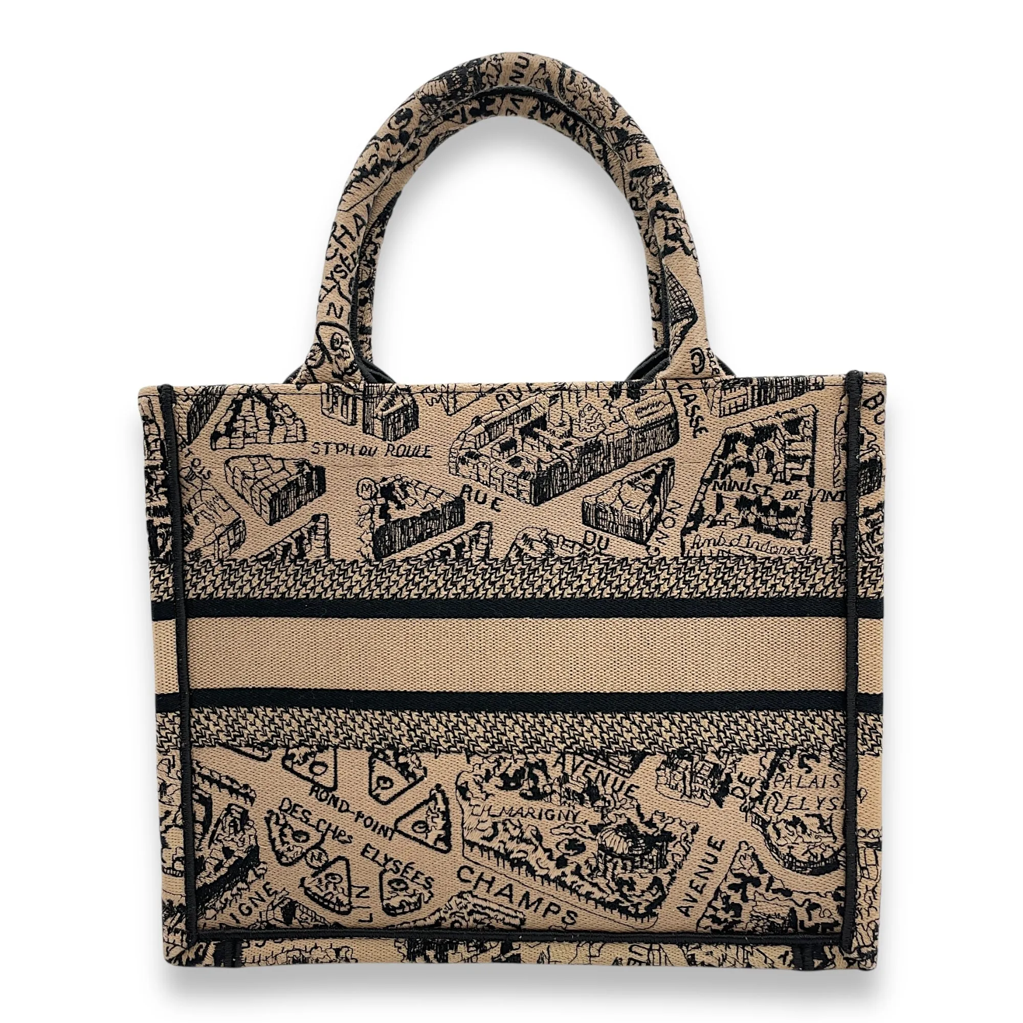 Book Tote Small Beige/Black, Plan De Paris Embroidery in Canvas