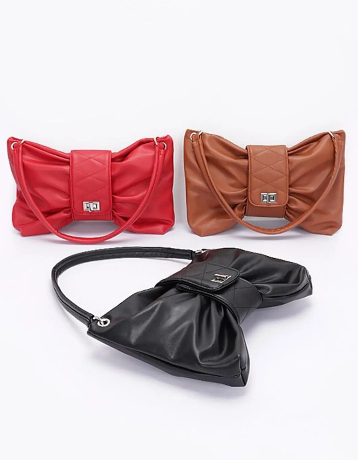 Bowknot Design Shoulder Bag for Women Twist Lock Closure PU Leather Ladies Purse Large Tote with Crossbody Strap