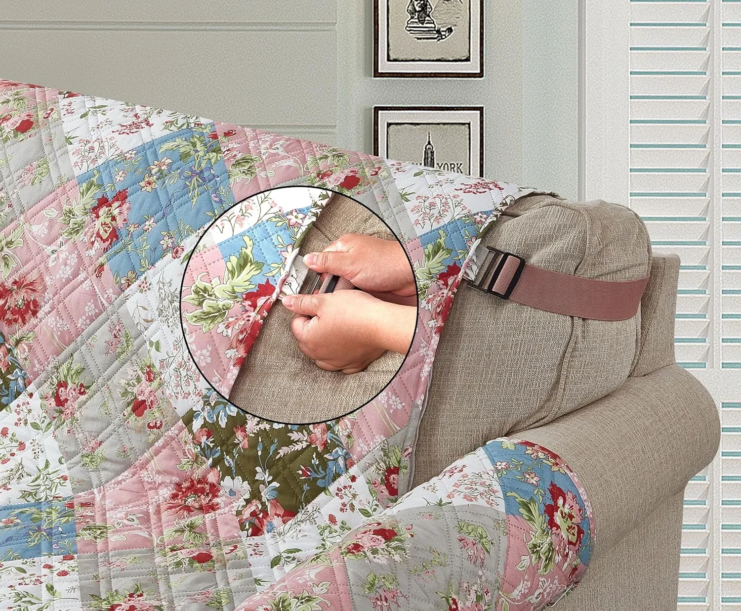 Brilliant Sunshine Peach and Olive Flowers Patchwork Couch Cover, Quilted Large Sofa Slipcover, 70" Seat Width, Slip Resistant Furniture Protector, 2" Strap, Washable, for Pets, Kids, Peach Olive