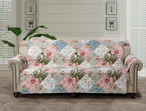 Brilliant Sunshine Peach and Olive Flowers Patchwork Couch Cover, Quilted Large Sofa Slipcover, 70" Seat Width, Slip Resistant Furniture Protector, 2" Strap, Washable, for Pets, Kids, Peach Olive