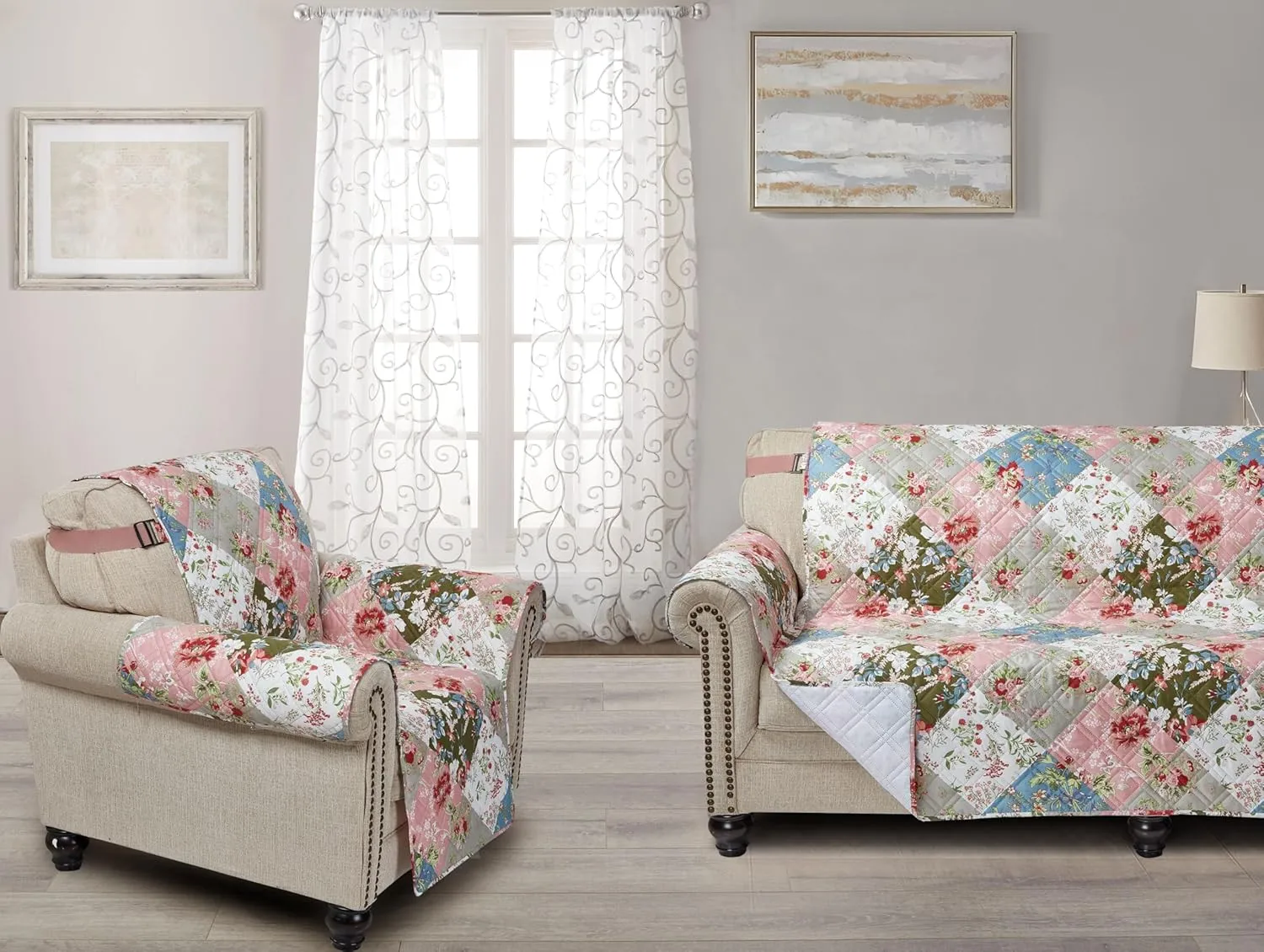 Brilliant Sunshine Peach and Olive Flowers Patchwork Couch Cover, Quilted Large Sofa Slipcover, 70" Seat Width, Slip Resistant Furniture Protector, 2" Strap, Washable, for Pets, Kids, Peach Olive