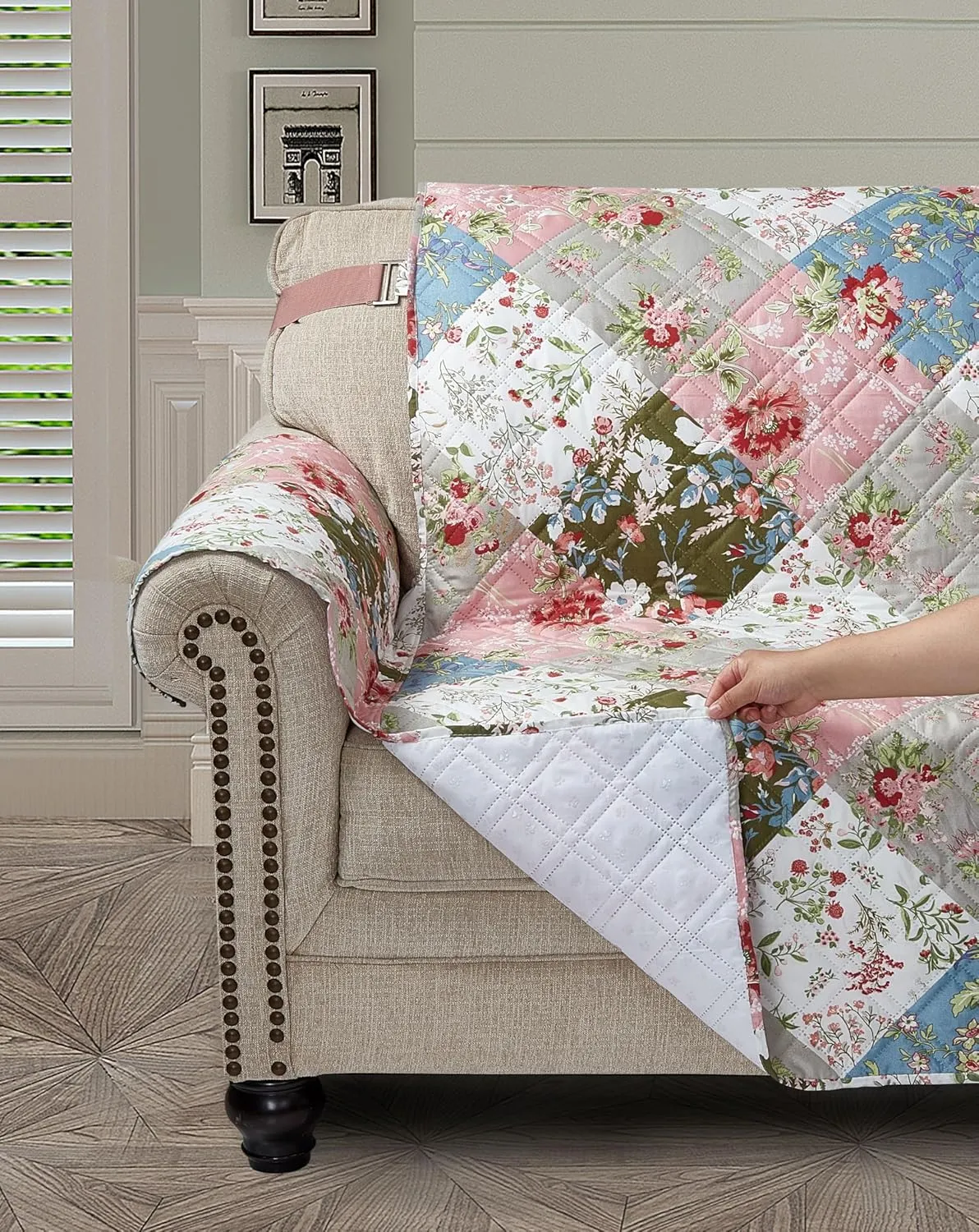 Brilliant Sunshine Peach and Olive Flowers Patchwork Couch Cover, Quilted Large Sofa Slipcover, 70" Seat Width, Slip Resistant Furniture Protector, 2" Strap, Washable, for Pets, Kids, Peach Olive