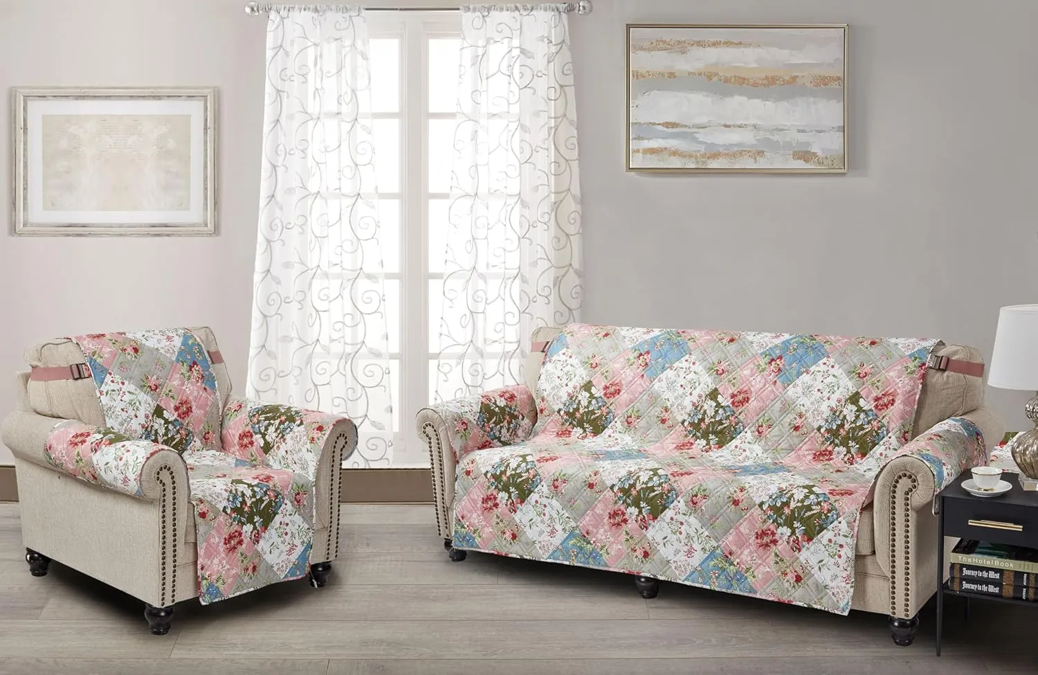Brilliant Sunshine Peach and Olive Flowers Patchwork Couch Cover, Quilted Large Sofa Slipcover, 70" Seat Width, Slip Resistant Furniture Protector, 2" Strap, Washable, for Pets, Kids, Peach Olive