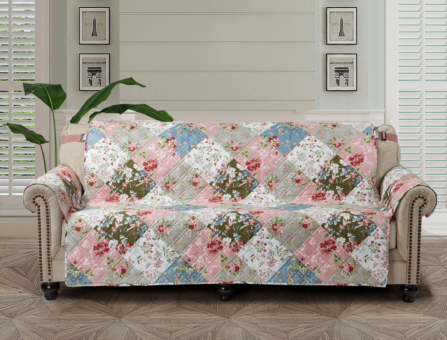Brilliant Sunshine Peach and Olive Flowers Patchwork Couch Cover, Quilted Large Sofa Slipcover, 70" Seat Width, Slip Resistant Furniture Protector, 2" Strap, Washable, for Pets, Kids, Peach Olive