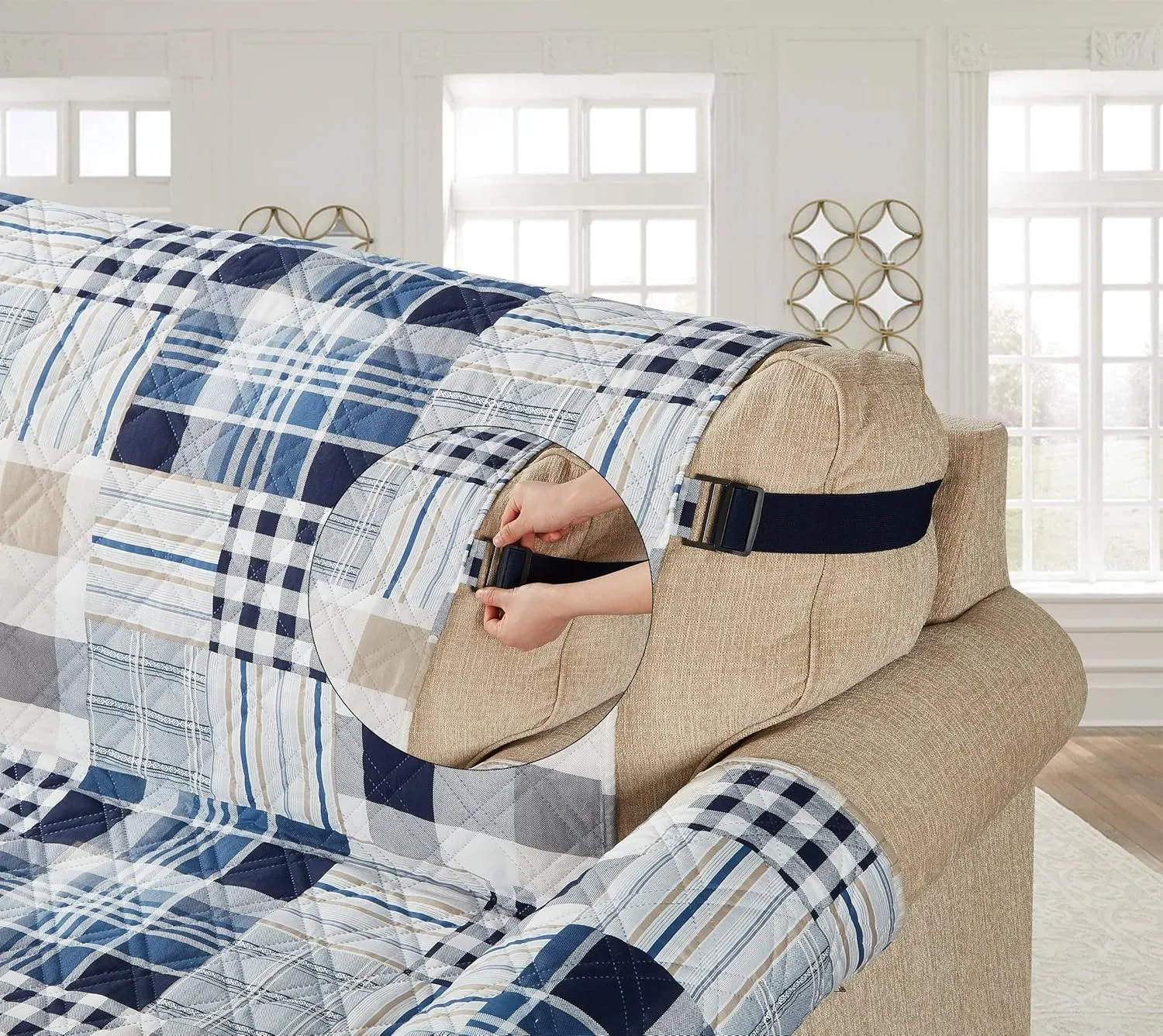 Brilliant Sunshine Plaids and Stripes Couch Slip Cover, Patchwork Design, Quilted Slipcover with 2" Strap, 70" Seat, Slip Resistant Cushion Protector, Washable Sofa Covers for Dogs, Cats, Kids, Blue