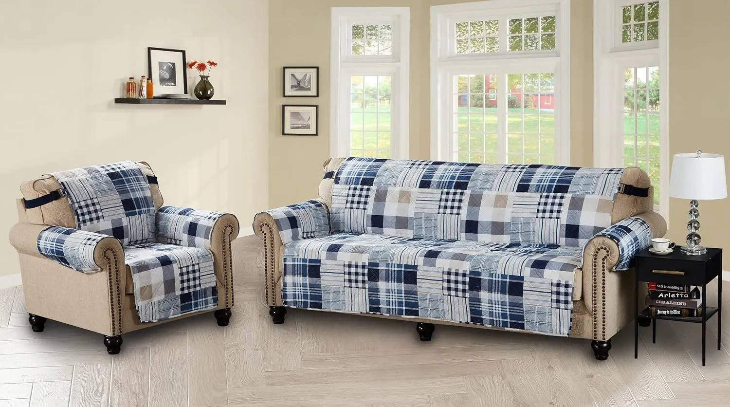 Brilliant Sunshine Plaids and Stripes Couch Slip Cover, Patchwork Design, Quilted Slipcover with 2" Strap, 70" Seat, Slip Resistant Cushion Protector, Washable Sofa Covers for Dogs, Cats, Kids, Blue