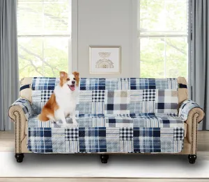 Brilliant Sunshine Plaids and Stripes Couch Slip Cover, Patchwork Design, Quilted Slipcover with 2" Strap, 70" Seat, Slip Resistant Cushion Protector, Washable Sofa Covers for Dogs, Cats, Kids, Blue