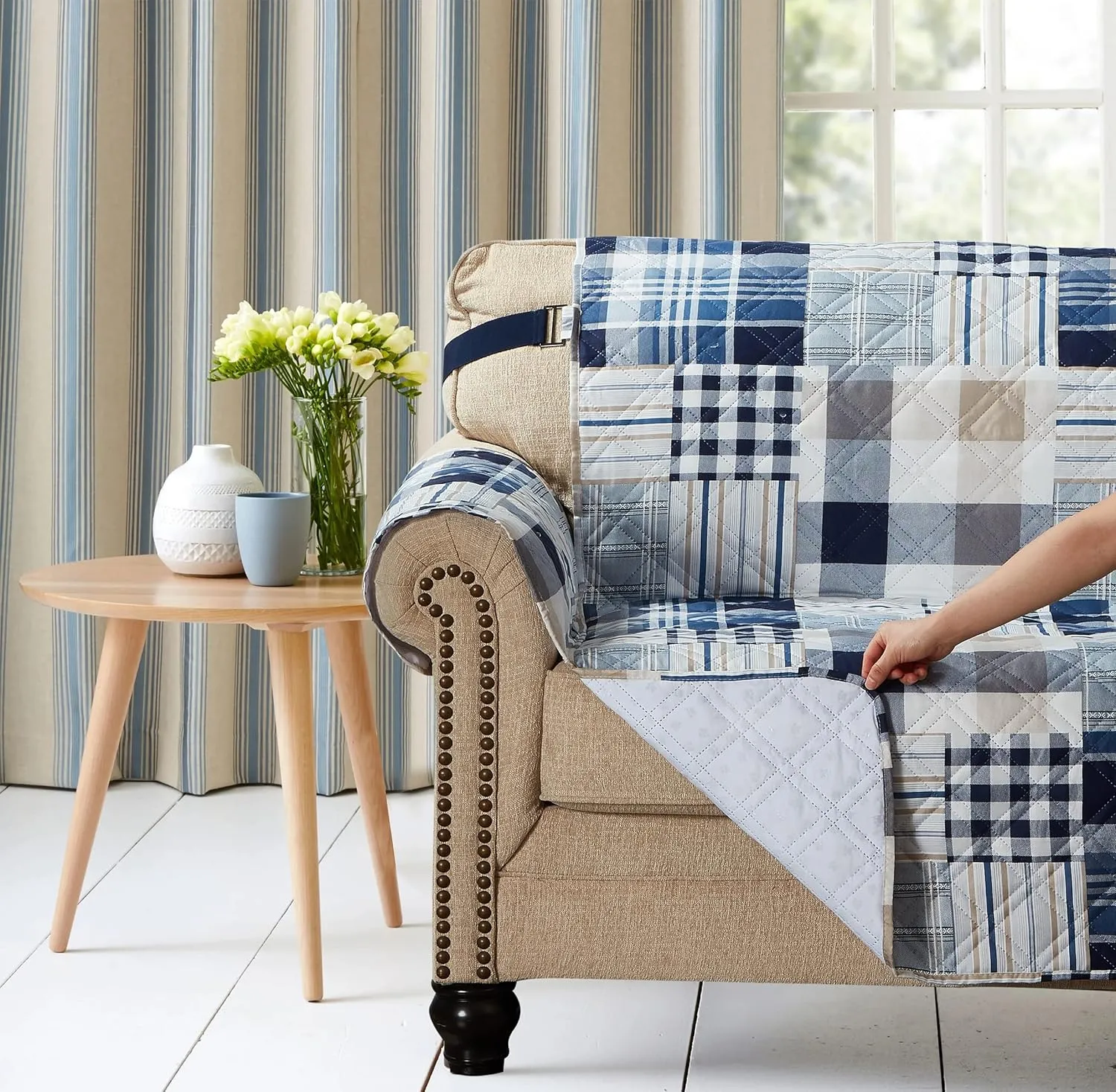 Brilliant Sunshine Plaids and Stripes Couch Slip Cover, Patchwork Design, Quilted Slipcover with 2" Strap, 70" Seat, Slip Resistant Cushion Protector, Washable Sofa Covers for Dogs, Cats, Kids, Blue