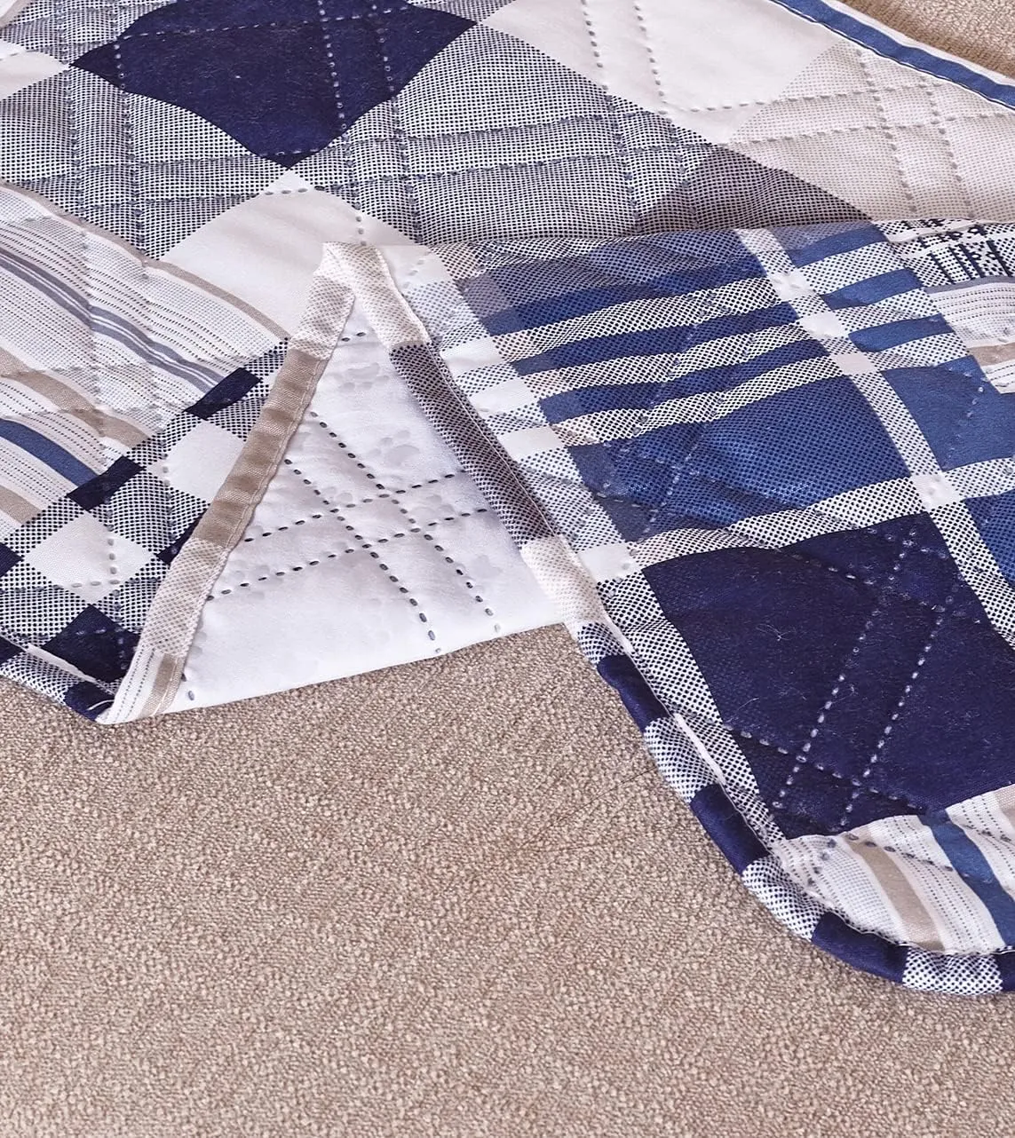 Brilliant Sunshine Plaids and Stripes Couch Slip Cover, Patchwork Design, Quilted Slipcover with 2" Strap, 70" Seat, Slip Resistant Cushion Protector, Washable Sofa Covers for Dogs, Cats, Kids, Blue