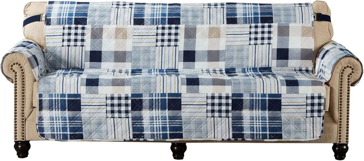 Brilliant Sunshine Plaids and Stripes Couch Slip Cover, Patchwork Design, Quilted Slipcover with 2" Strap, 70" Seat, Slip Resistant Cushion Protector, Washable Sofa Covers for Dogs, Cats, Kids, Blue
