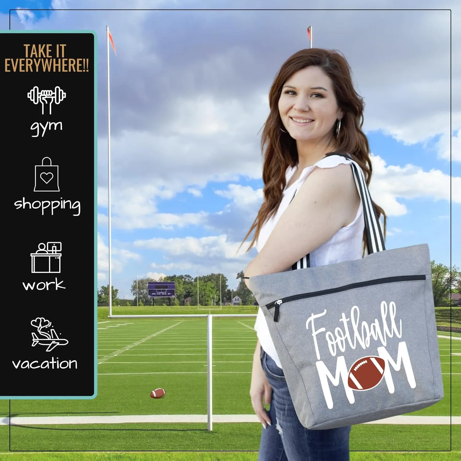 Brooke & Jess Designs Sports Mom Large Zippered Tote Bag with Pockets for Women
