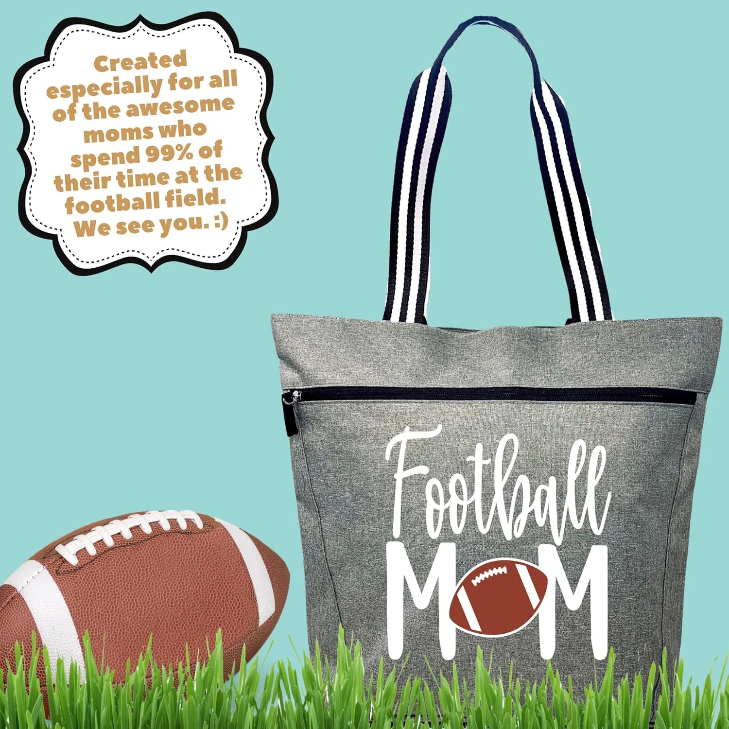 Brooke & Jess Designs Sports Mom Large Zippered Tote Bag with Pockets for Women