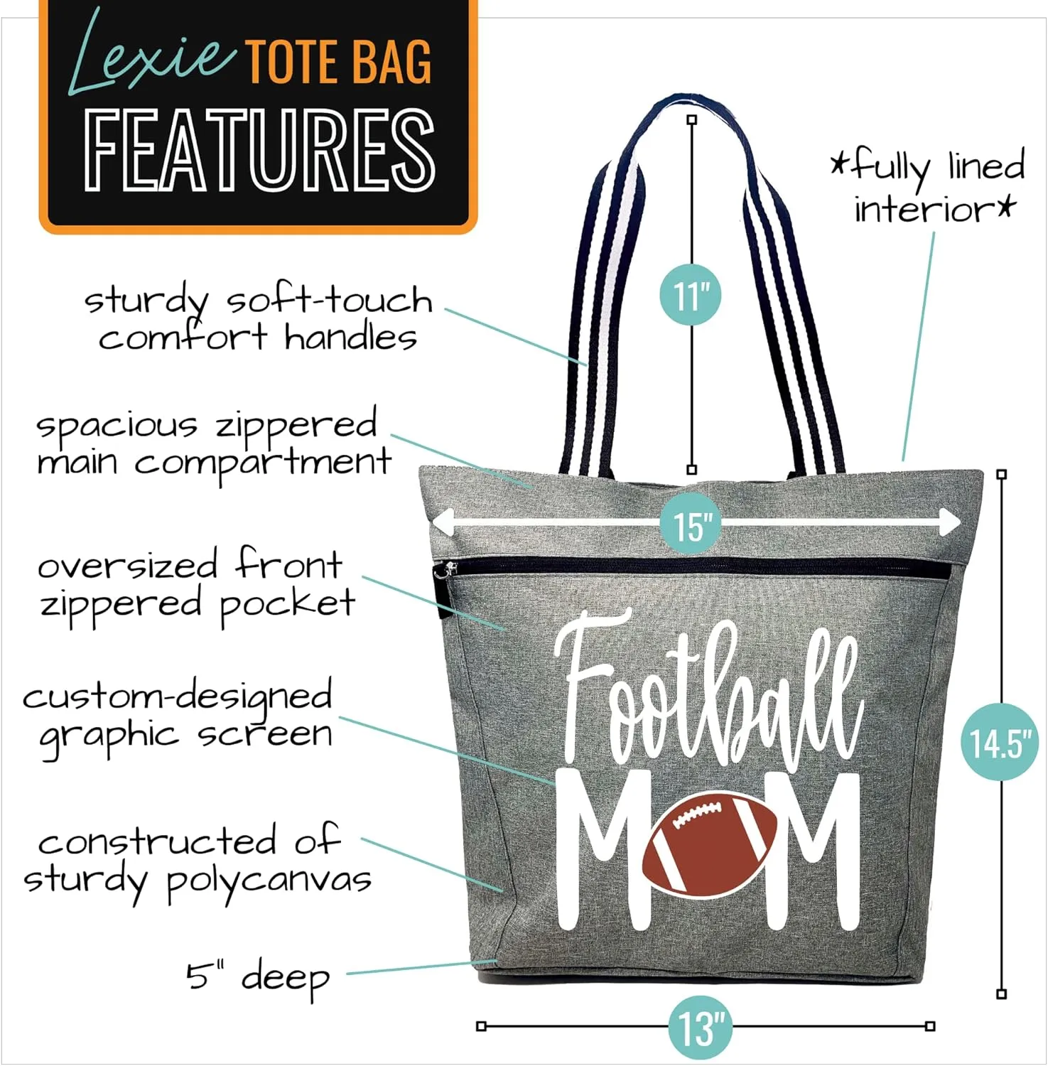 Brooke & Jess Designs Sports Mom Large Zippered Tote Bag with Pockets for Women