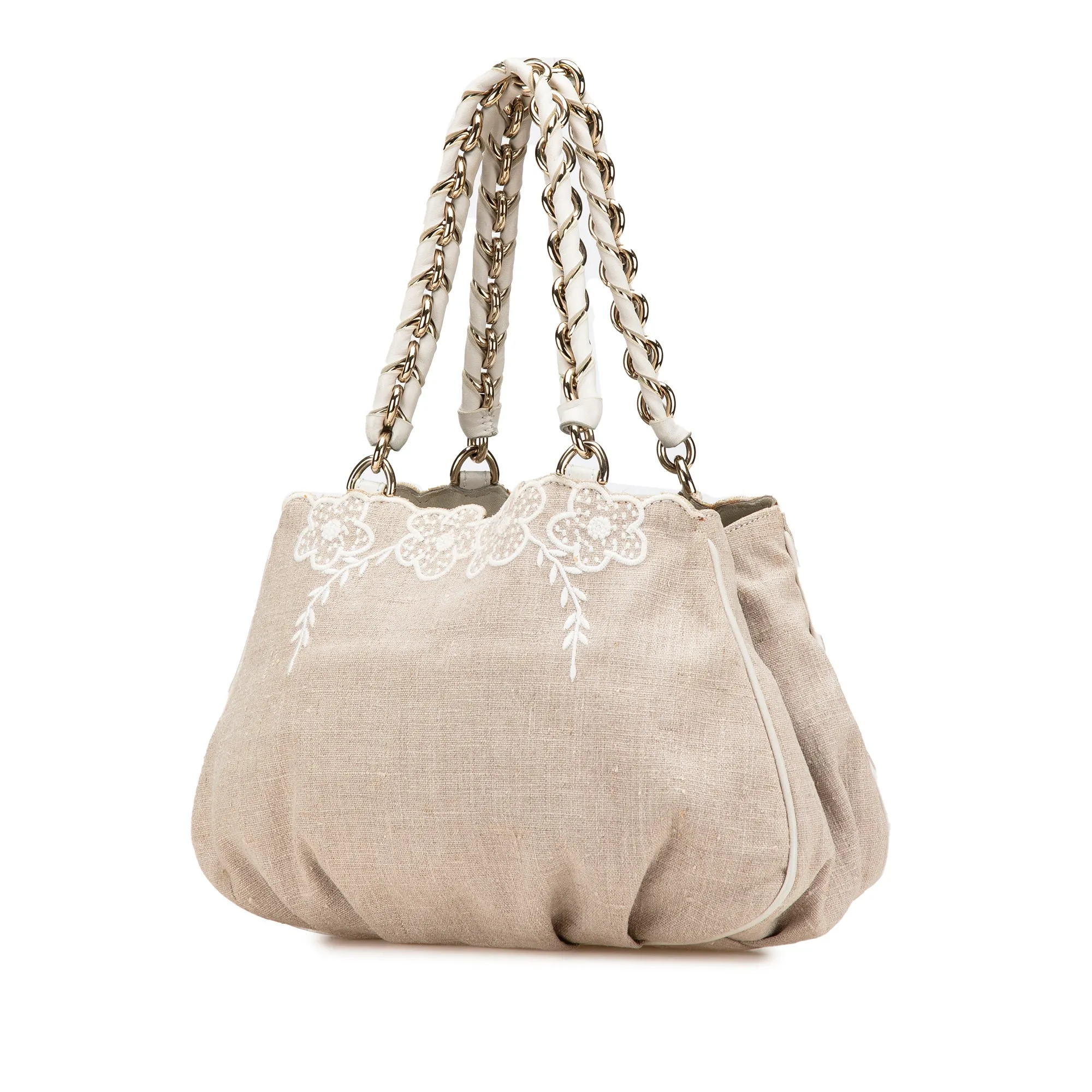 Brown Fendi Floral Embroidered Canvas Mia Chain Tote Shoulder Bag