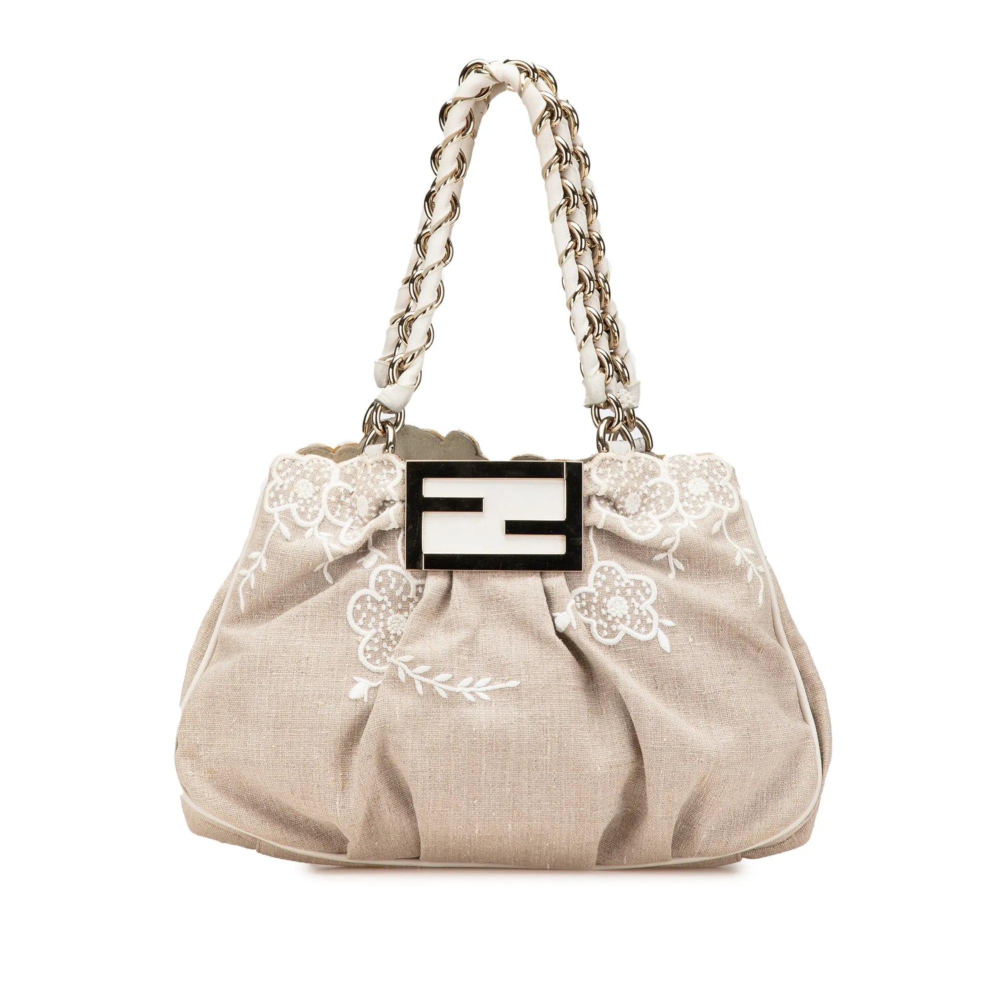 Brown Fendi Floral Embroidered Canvas Mia Chain Tote Shoulder Bag