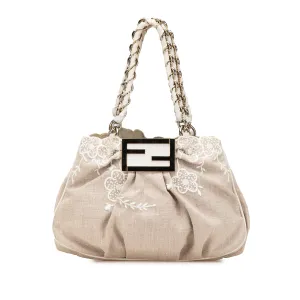 Brown Fendi Floral Embroidered Canvas Mia Chain Tote Shoulder Bag