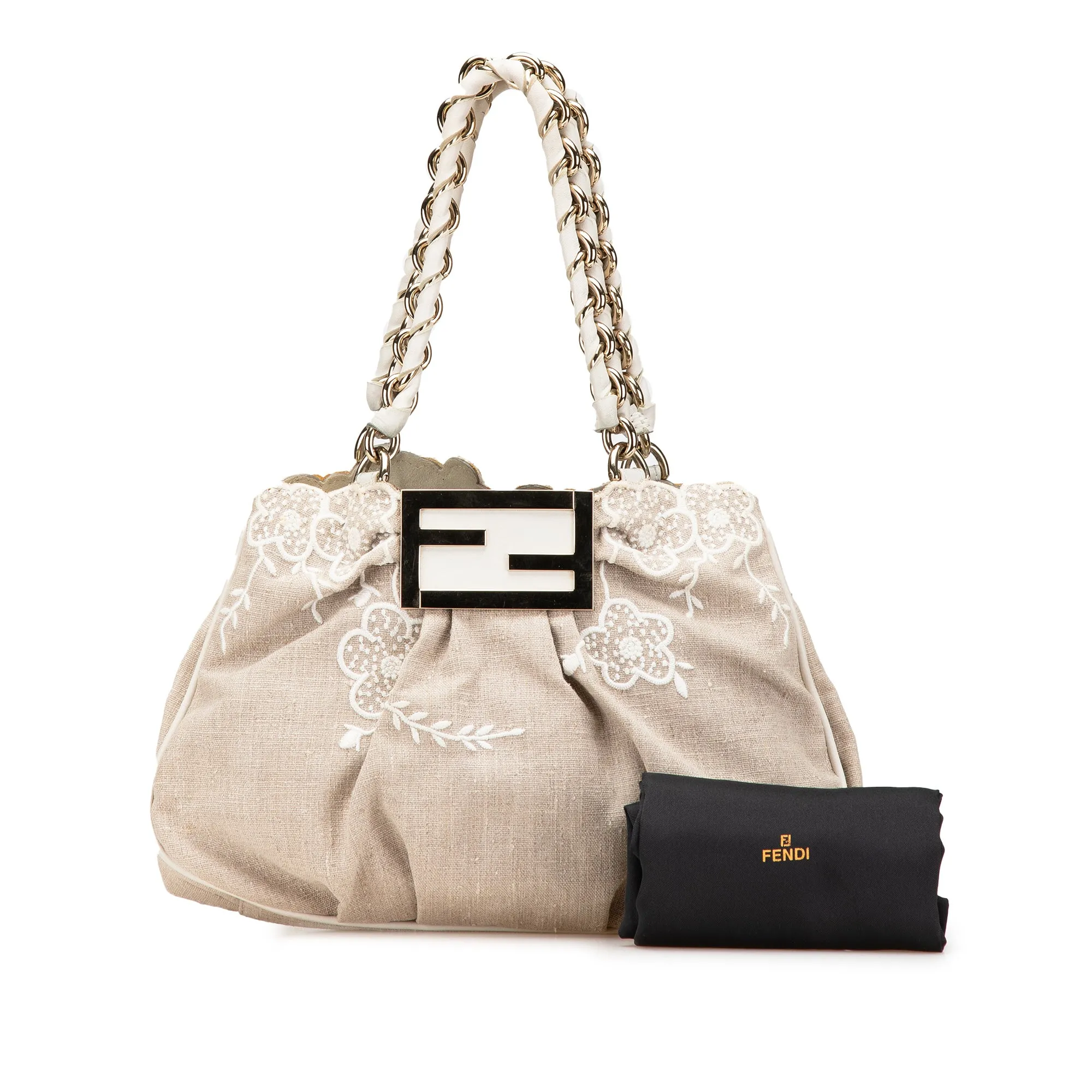 Brown Fendi Floral Embroidered Canvas Mia Chain Tote Shoulder Bag