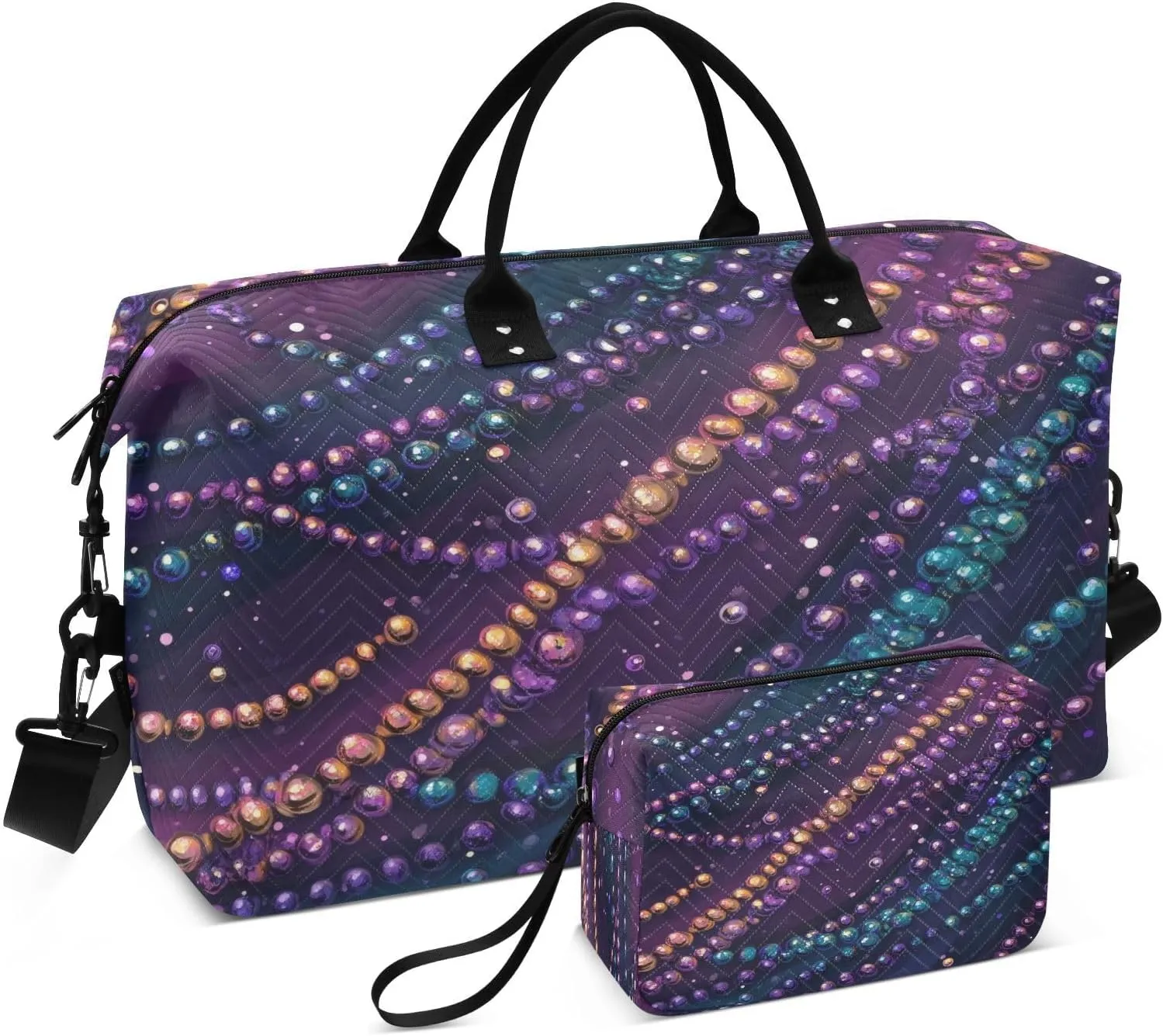 Burbuja Travel Duffel Bag for Women, Mardi Gras Bead Weekender Overnight Bag Shoulder Carry On Tote Bag with Trolley Sleeve, Gym Bag with Toiletry Bag, Large Size