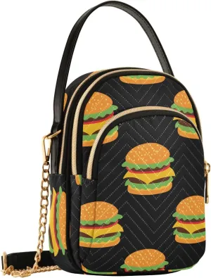 Burger Cartoon Black Crossbody Bags for Women Hand Bag Small Sling Shoulder Travel Bags Mini Purse with Zip