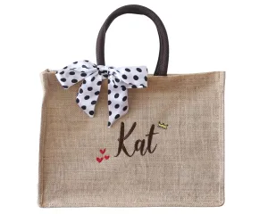 Burlap Tote Personalized Present for Bridesmaid, Custom Name Handbag, Bachelorette Party, Beach Jute Bag, Mother of Bride Wedding Favors