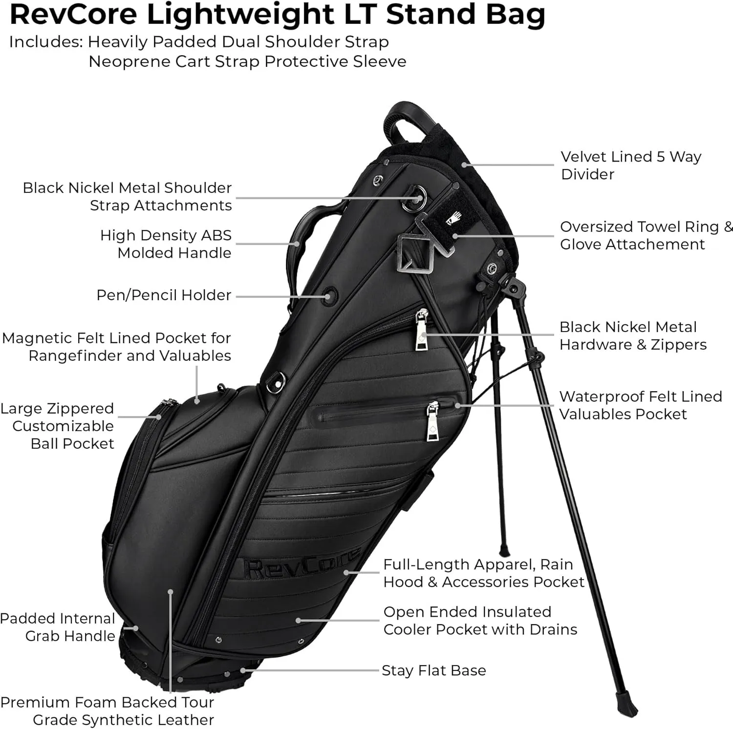 CaddyDaddy RevCore LT Lightweight Lux Stand Bag for Men and Women Golfers, Synthetic Leather, 5.5lbs, 6 Pockets, 5-Way Full Length Divider, Insulated Cooler Pocket, Rain Hood, Golf Club Bag