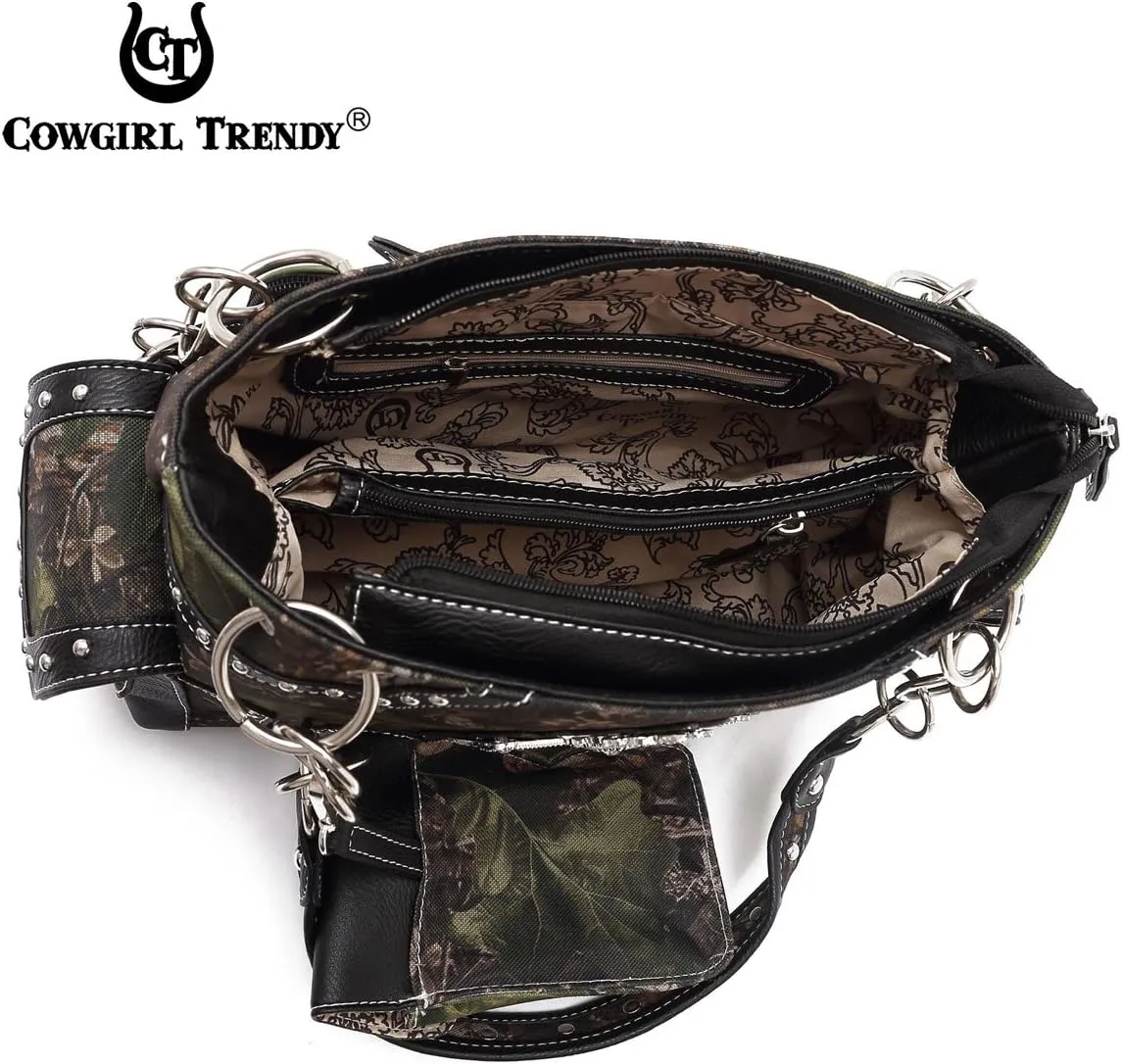 Camouflage Cross Wings Western Style Studded Handbag Tooled Leather Purse Country Women Shoulder Bag Pouch Wallet Set