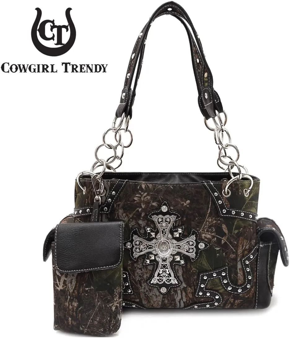 Camouflage Cross Wings Western Style Studded Handbag Tooled Leather Purse Country Women Shoulder Bag Pouch Wallet Set