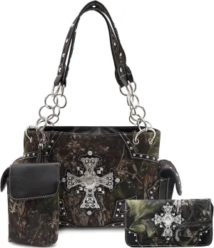 Camouflage Cross Wings Western Style Studded Handbag Tooled Leather Purse Country Women Shoulder Bag Pouch Wallet Set
