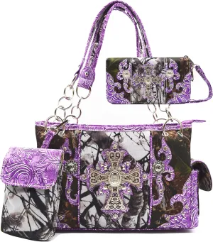 Camouflage Cross Wings Western Style Studded Handbag Tooled Leather Purse Country Women Shoulder Bag Pouch Wallet Set