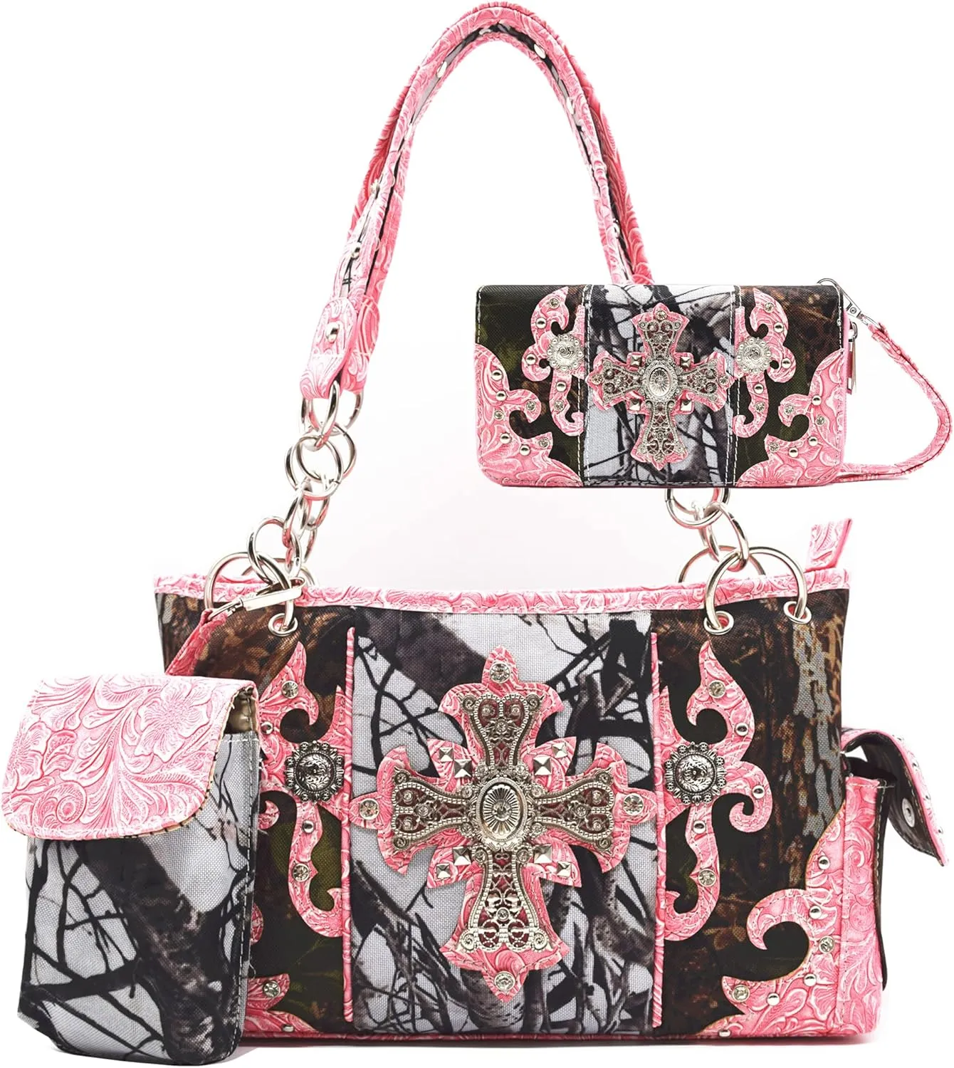 Camouflage Cross Wings Western Style Studded Handbag Tooled Leather Purse Country Women Shoulder Bag Pouch Wallet Set