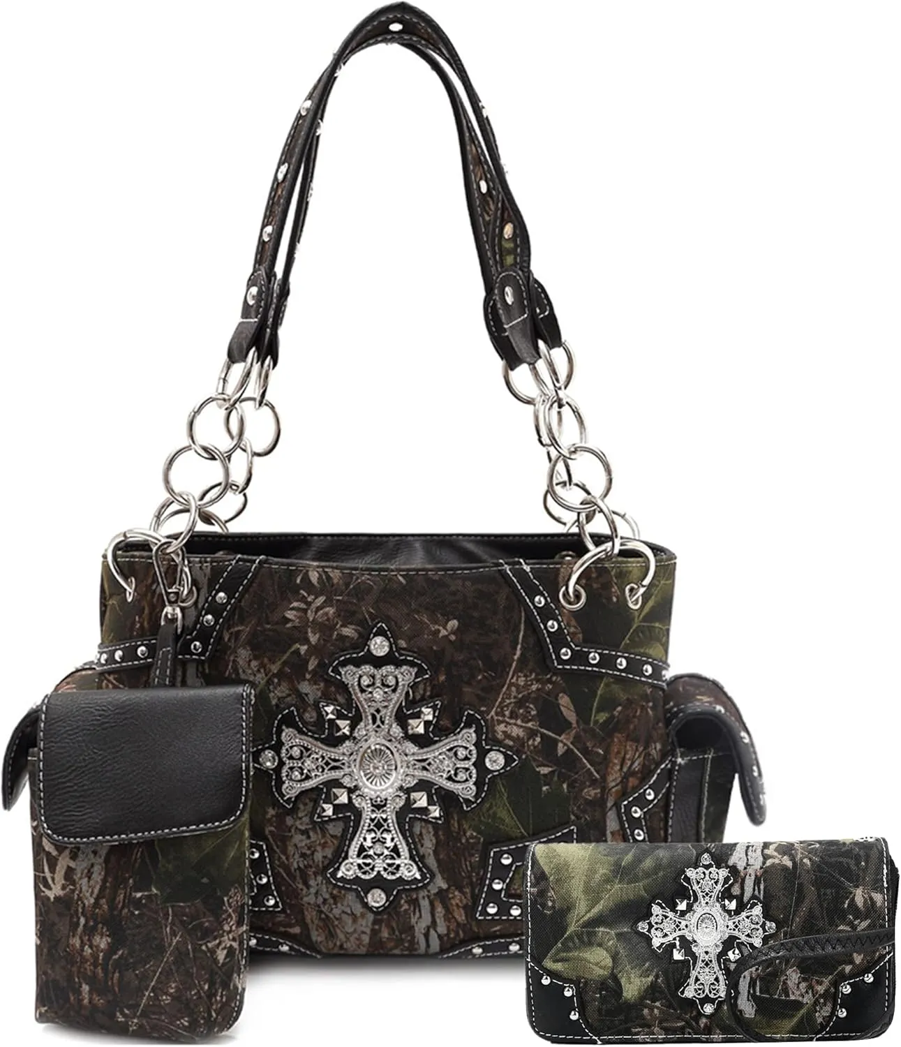 Camouflage Cross Wings Western Style Studded Handbag Tooled Leather Purse Country Women Shoulder Bag Pouch Wallet Set