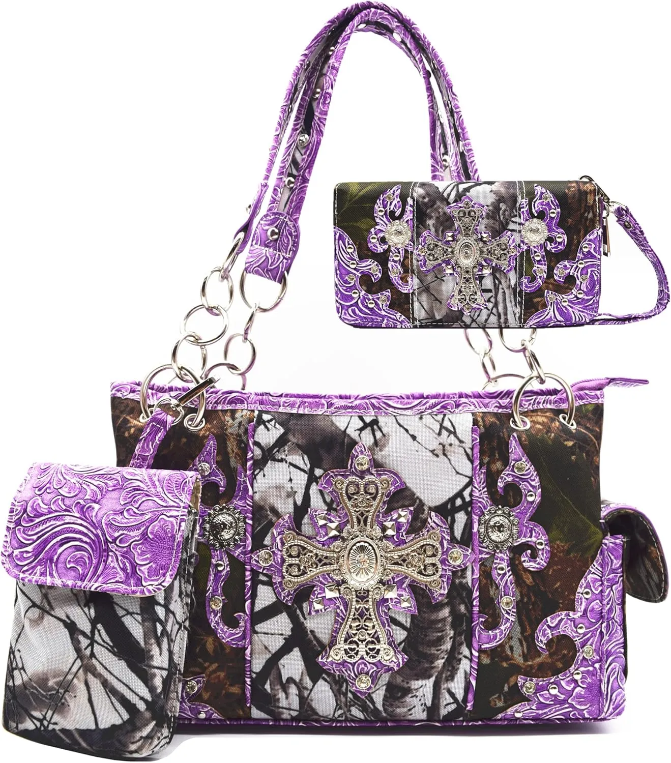 Camouflage Cross Wings Western Style Studded Handbag Tooled Leather Purse Country Women Shoulder Bag Pouch Wallet Set