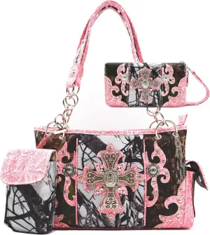 Camouflage Cross Wings Western Style Studded Handbag Tooled Leather Purse Country Women Shoulder Bag Pouch Wallet Set