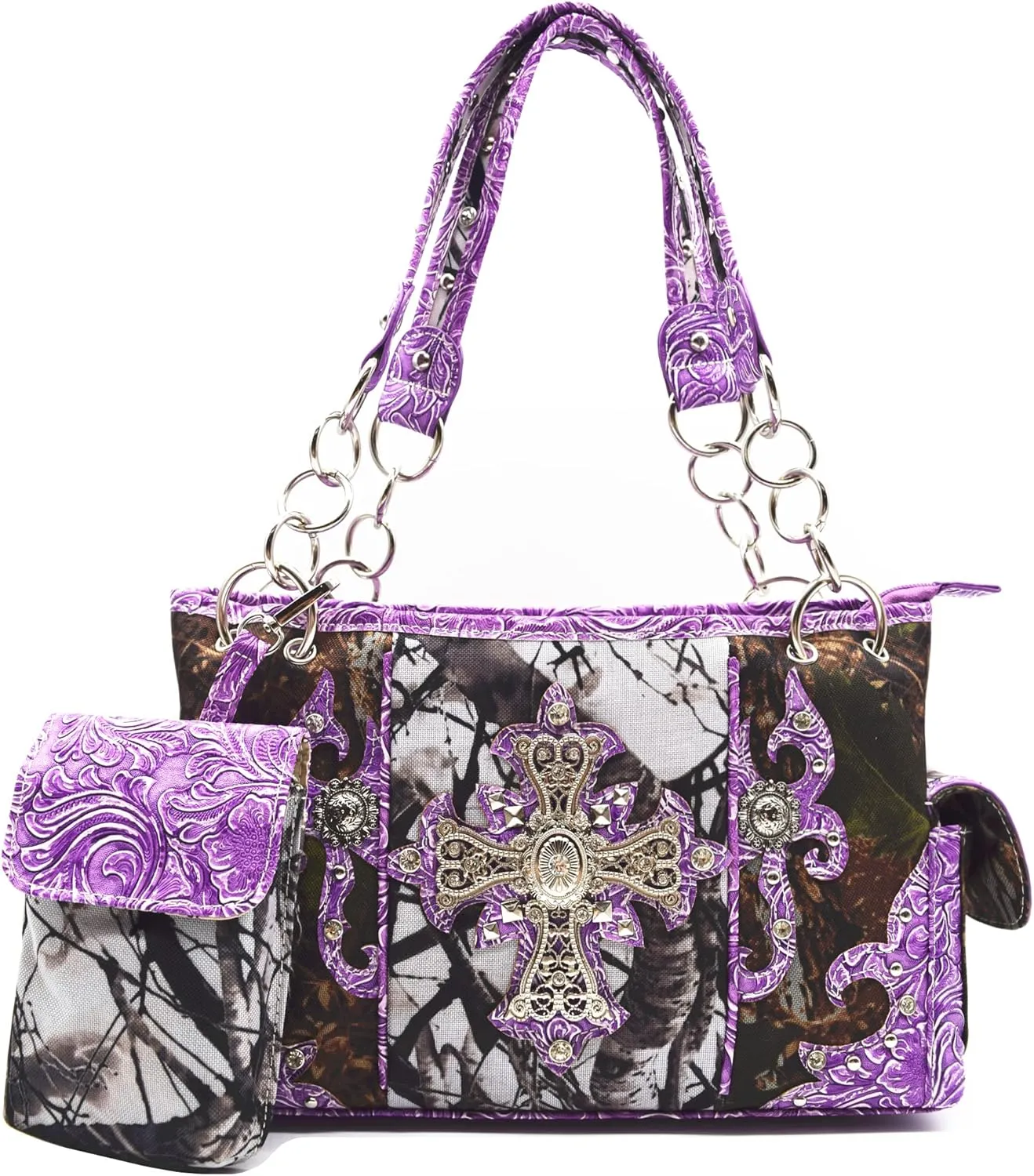 Camouflage Cross Wings Western Style Studded Handbag Tooled Leather Purse Country Women Shoulder Bag Pouch Wallet Set