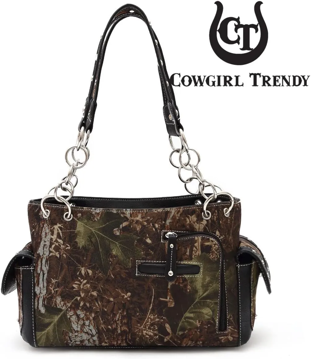 Camouflage Cross Wings Western Style Studded Handbag Tooled Leather Purse Country Women Shoulder Bag Pouch Wallet Set